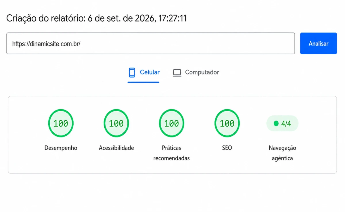 Executar nova análise no PageSpeed: home do DinamicSite com quatro notas 100 e navegação agêntica 4/4 em celular