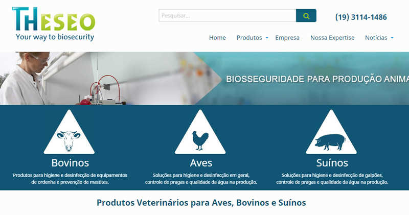 Multinacional francesa, a Theseo é uma empresa especializada em biosseguridade na produção animal e oferece soluções para limpeza e desinfecção de galpões de produção de aves, suínos e bovinos. O seu site institucional foi criado pela Agenzzia.