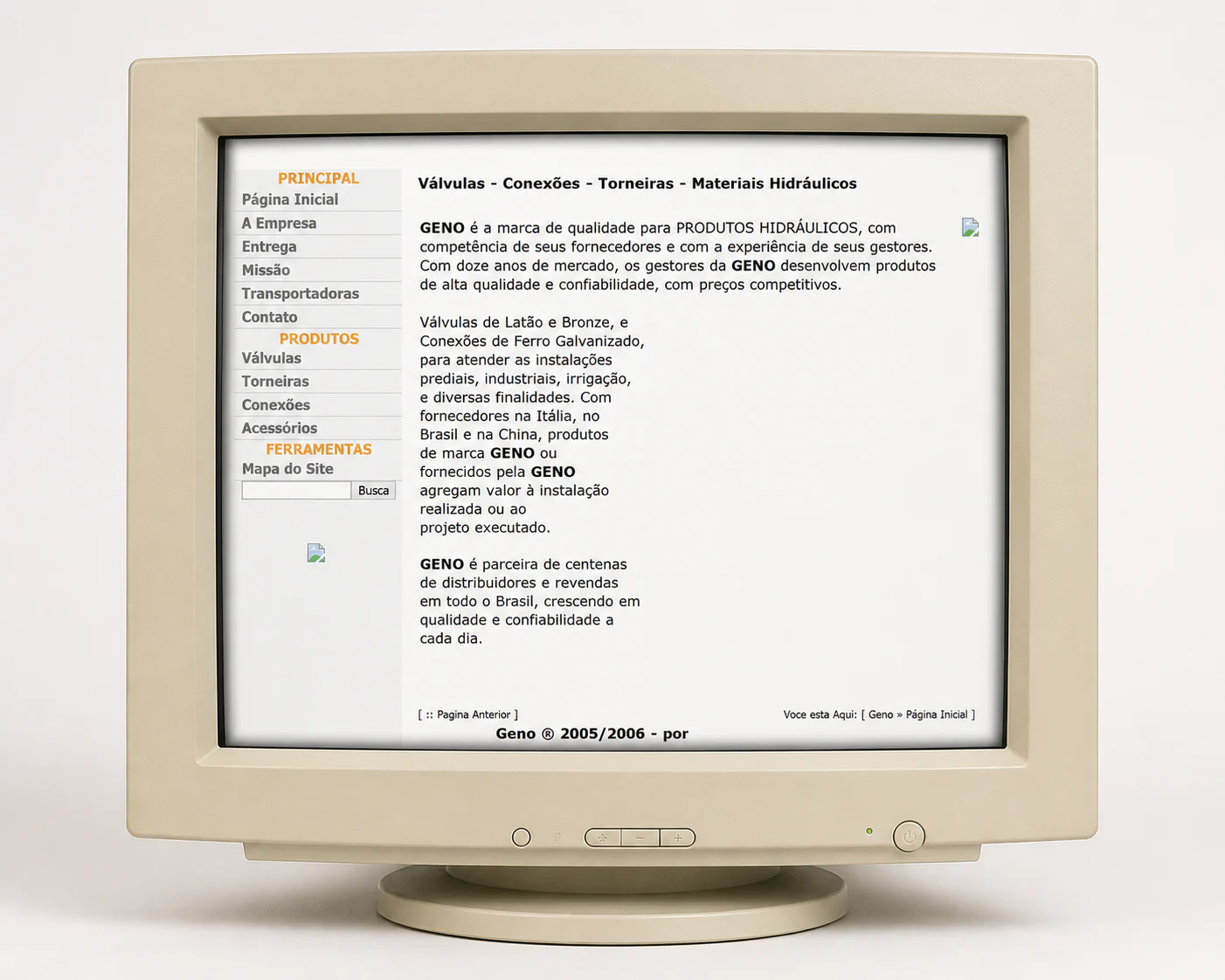 Site da Geno Válvulas de 2006 apresentado em um monitor CRT