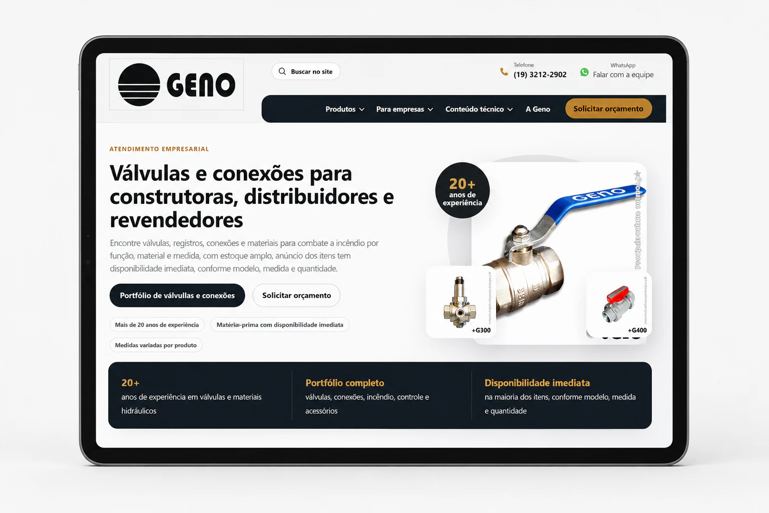 Site atual da Geno Válvulas apresentado em um tablet contemporâneo