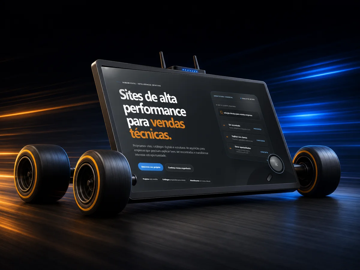Monitor com interface de site DinamicSite, rodas de Fórmula 1 e antena de roteador